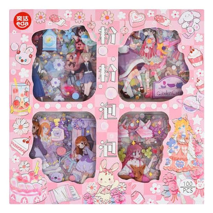 100 Sheets Kawaii Girls Stickers Kit for Journaling - Cute Sweet Cartoon PET Transparent Collage Scrapbooking Supplies Sticker Decal for Junk Journals Handbook Laptop Cards DIY Arts Crafts - color: Sweetheart Office