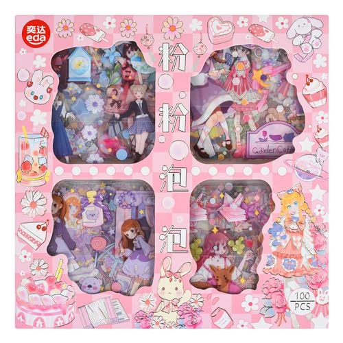 100 Sheets Kawaii Girls Stickers Kit for Journaling - Cute Sweet Cartoon PET Transparent Collage Scrapbooking Supplies Sticker Decal for Junk Journals Handbook Laptop Cards DIY Arts Crafts - color: Sweetheart Office