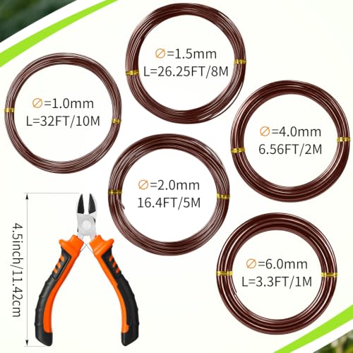 Mudder 5 Roll Bonsai Training Wire Aluminum 1/1.5/2/4/6mm Brown | Anodized Coating Resists Rust, 85 Ft for Branches, Includes Cutter, Flexible Cable Holds Shape, For Bonsai Tree Training - color: Brown, size: 1/1.5/2/4/6mm