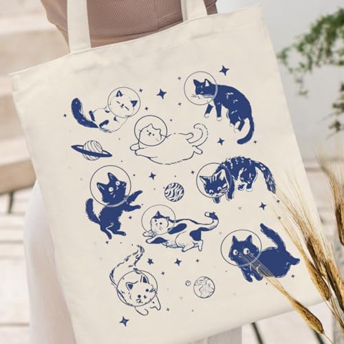 Canvas Aesthetic Tote Bag for Women with Inner Pocket Totes Shoulder Book Bag Shopping Reusable Grocery Bags - color: Cats in Space