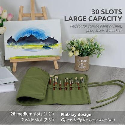 30-Slot Roll-Up Canvas Brush Holder, Army Green | Washable Paint Brush Case, Durable Canvas Organizer for Brushes & Art Supplies (Brushes not Included) - color: Green