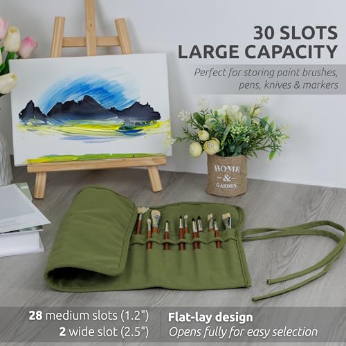 DUGATO 30-Slot Roll-Up Canvas Brush Holder, Army Green | Washable Paint Brush Case, Durable Canvas Organizer for Brushes & Art Supplies (Brushes not Included) - color: Green