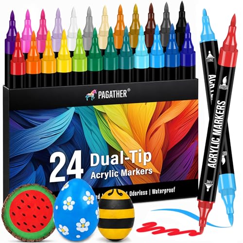 Pagather Acrylic Paint Markers, 24 Colors Dual Tip Fine & Brush Pens Set | For Rocks, Fabric, Wood, Glass & More, Perfect for DIY Crafts and Creative Art Projects with Bright, Smooth and Quick-Dry Ink