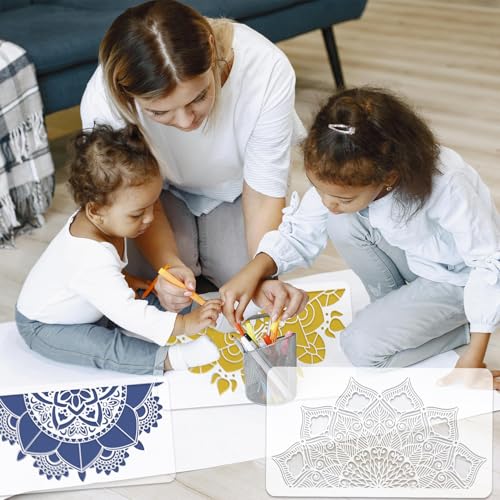 12Pack Large Mandala Stencils for Painting on Wood 18x10 in and 12x 12 in Damask Stencils for Walls Reusable Floral Texture Stencil with Brushes Drawing Templates for Floor Furniture Tile Fabric - style: Mandala Stencils-12PCS