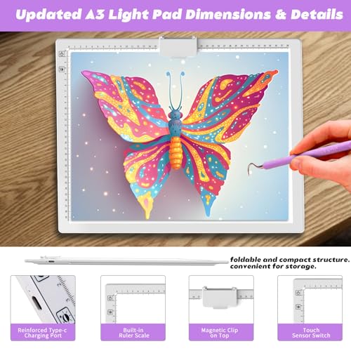 YINGWOND Wireless Rechargeable A3 Light Pad with Carry Bag,Diamond Art Light Board 2500mAh Battery,3 Color Temperatures and Stepless Dimming,Light Box for Tracing,Diamond Painting,Weeding Vinyl - style: Rechargeable-A3 White+Padded case