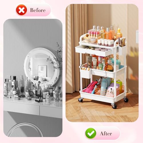 SUNALLY Makeup Cart Organizer with Drawer,3 Tier Rolling Makeup Cart, White - color: White, size: 3 Tier