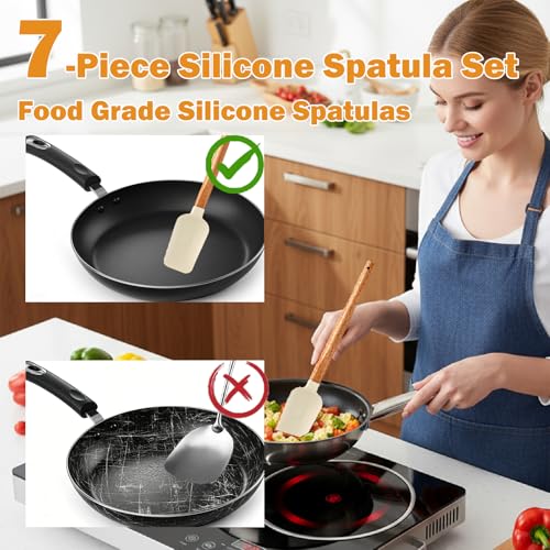 7 Piece Silicone Spatula Set, Food Grade Rubber Spatula Set with Wooden Handle, Heat Resistant Up to 600°F, Silicone Utensils Set for Baking, Cooking & Mixing, Jar, Non-Stick Kitchen Utensils - color: White