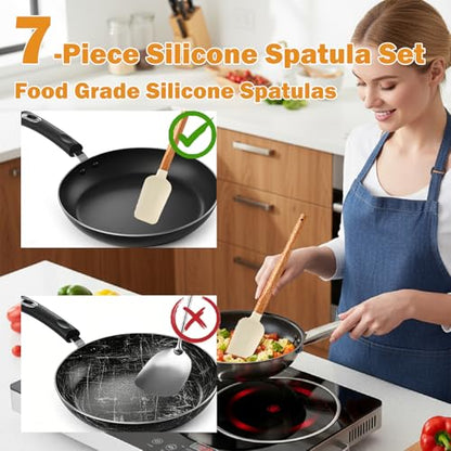 7 Piece Silicone Spatula Set, Food Grade Rubber Spatula Set with Wooden Handle, Heat Resistant Up to 600°F, Silicone Utensils Set for Baking, Cooking & Mixing, Jar, Non-Stick Kitchen Utensils - color: White