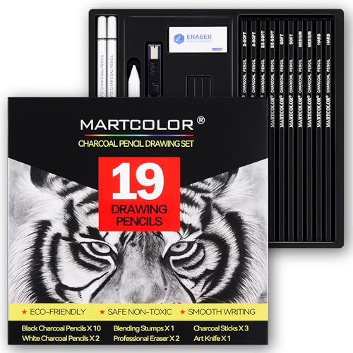 MARTCOLOR Charcoal Drawing Set, 19 Pieces, Black & White Charcoal Pencils and 5.5X8.5” Premium Sketch Book Set, 1 Pack, 100 Sheets(68 lb/100gsm) Sketchbook