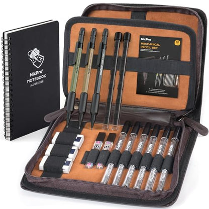 Nicpro 1.3mm Mechanical Pencil Set with Waterproof Field Notebooks | 3PCS Metal Heavy Duty Carpenter Pencil with Leather Bag,Lead Refill & Eraser for Outdoor Journal Travel Drafting Drawing - color: Multicolor with Notebook