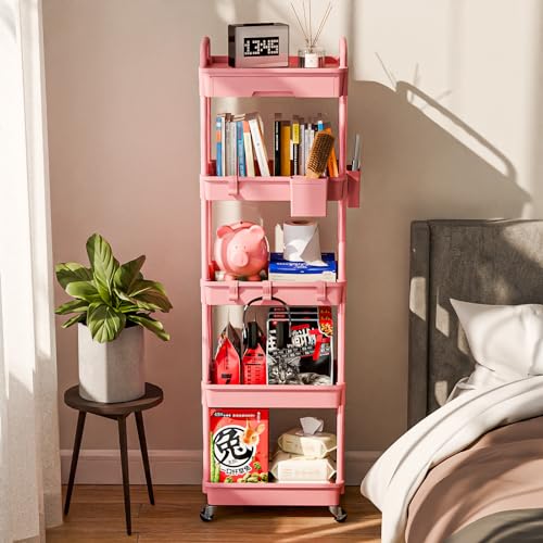 Sorgion 5 Tier Rolling Cart Organizer,Bathroom Cart Organizers with Wheels Laundry Room Organization Mobile Shelving Unit Utility Cart Storage Shelves Multi-Functional for Office, Home(Pink) - size: 5Tier-Pink