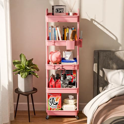 Sorgion 5 Tier Rolling Cart Organizer,Bathroom Cart Organizers with Wheels Laundry Room Organization Mobile Shelving Unit Utility Cart Storage Shelves Multi-Functional for Office, Home(Pink) - size: 5Tier-Pink