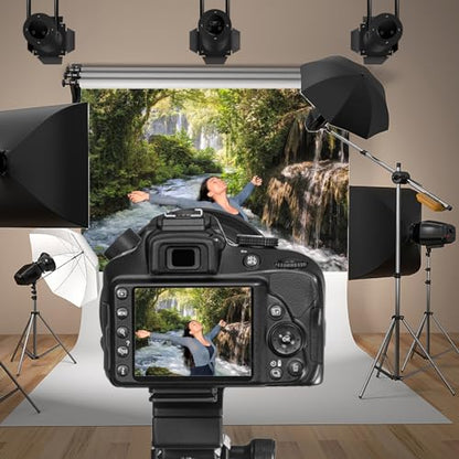 7x5ft Vinyl Green Forest Backdrops for Photography Background Mountain and Water Landscape Beautiful Waterfall and River Ancient Tree Outdoor Explore Holiday Backdrop Photo Studio - size: 7x5ft