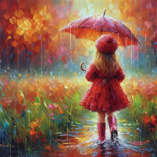 5D Diamond Painting Kits for Adults-Beginners Umbrella Girl in Rain Full Drill Diamond Art Kit Colorful Landscape DIY Gem Art Embroidery Canvas Wall Decor 14x14 Inch - color: FYZZ-151