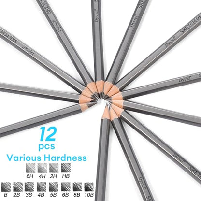 Dyvicl Professional Drawing Sketching Pencil Set - 12 Pieces Drawing Pencils 10B, 8B, 6B, 5B, 4B, 3B, 2B, B, HB, 2H, 4H, 6H Graphite Pencils for Kids, Beginners, Pro Artists
