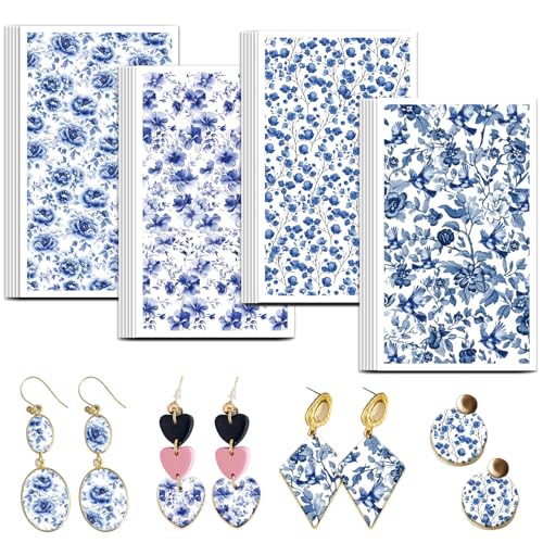 OLYCRAFT 24Pcs 4 Styles Blue Flower Clay Transfer Paper for Polymer | Blue Porcelain Flowers Polymer Clay Transfer Sheets, Floral Small Transfer Paper Decal for Clay Earrings Jewelry Making - style: Porcelain Flower
