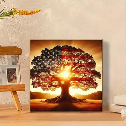 JXDXDJ 5D Diamond Painting Kits for Beginners,Ancient Tree Full Drill Diamond Art Kits for Adults,DIY American Flag Round Diamond Dots for Adults Crafts,Gem Painting Home Wall Decor 13.78x13.78 Inch