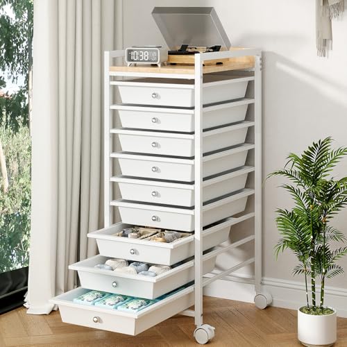 10 Tier Rolling Storage Utility Cart Organizers with 9 Drawers and Metal Fence Wooden Tabletop (White)