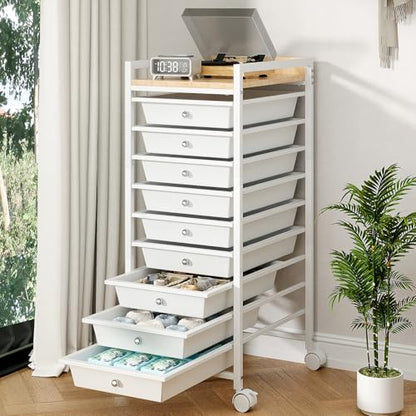10 Tier Rolling Storage Utility Cart Organizers with 9 Drawers and Metal Fence Wooden Tabletop (White)