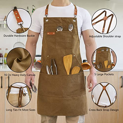 Aoomzoon Canvas Aprons for Men Chef Apron, Work Apron with Large Pockets - 16oz Heavy Duty Cross Back, BBQ, Cooking - color: Brown