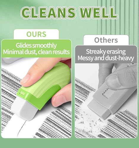 4+1 Pack Rubber Erasers Sliding Retractable Eraser - Green | Large White Erasers with 4 Refill Eraser for School Office Home Supplies Art Drawing, Push Pull Pencil Erasers for Kids Teens - color: Green