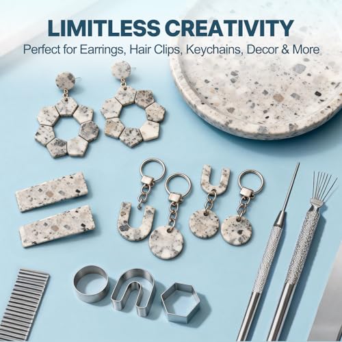 Dobur Polymer Clay Tool Set 19 Pcs Acrylic Roller Cutters for Clay Earrings | Acrylic roller, thickness rings, cutters, grid guide, blades and Teflon sheets for polymer clay earrings