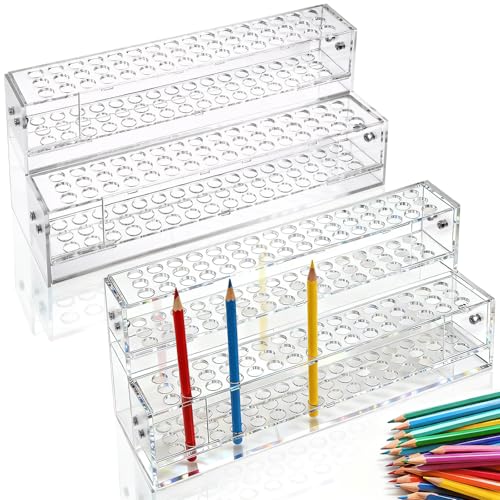 2 Pcs 2-Tier Clear Acrylic Pen Holder with 96 Slots - Multi-Hole Acrylic Pen Display Stand for Organization, Perfect Makeup Brush Holder & Art Brush Rack Organizer for Office Desk, Craft Shows