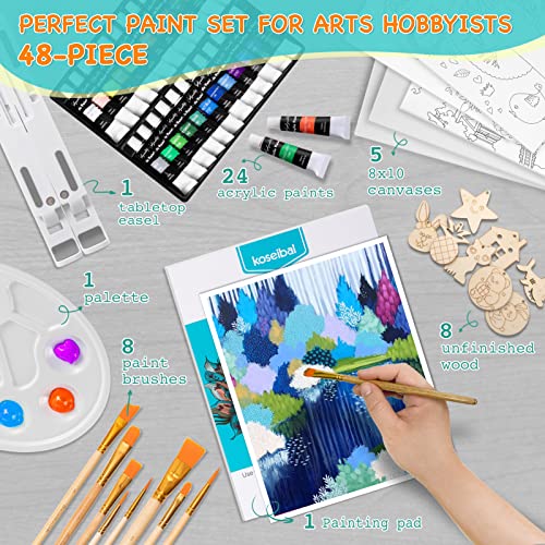 koseibal Kids Acrylic Paint Set with Canvas, Easel, More Art Supplies - color: 24 acrylic paints