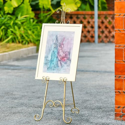 20"L x 26.75"W x 56.5"H Large Easel Stand for Display, Adjustable Heigh Metal Gold Easel Stand with Chain Support, Heavy Duty Easel for Mirror, Sign, Wedding, Picture Frame. (No Installation Required)