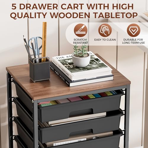 SYKIARIOL 5-Tier Rolling Cart with Drawers with Wooden Top, Black | Mobile Craft Storage Drawer Cart Trolley for Home Office, Classroom, Craft Room & Kid Room - color: Black