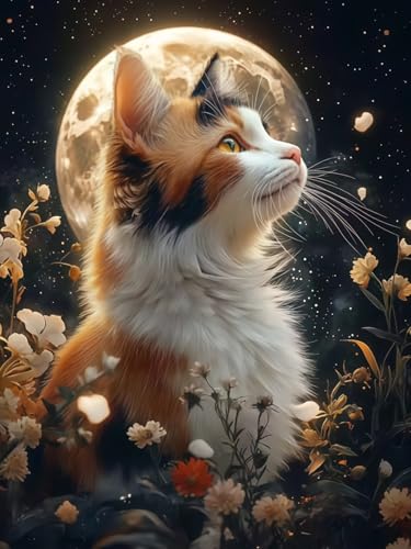Moon Cat 5D Diamond Painting Kit, Wildflower Diamond Art for Adults | Full Round DrillDiamond Dots Kits Gem Arts DIY Crafts for Home Wall Deco Present Cat Lovers12x16inch - color: KM1144-1