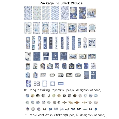 Esweny 200PCS Vintage Scrapbooking Supplies Pack, Aesthetic Scrapbook Sticker Paper Art Journaling Kit for Junk Journals,Planner,Cottagecore Decor Gifts (Blue Series) - color: Blue Series