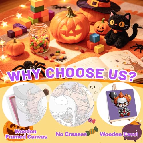 4 Pack Halloween Paint by Numbers for Kids with Frame Canvas - Wooden Easel - color: BKH2885+BKH2886+BKH2887+BKH2888