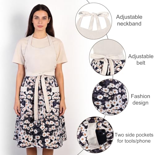 Cute Floral Apron for Women with Pockets, Cotton, Adjustable Straps - color: Black Beige