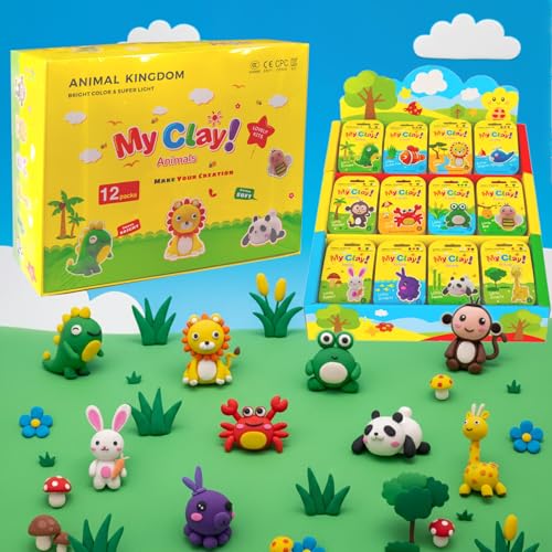 Air Dry Clay Kit, 12 Animals Kingdom Modeling Clay for Kids, DIY Model Magic Clay with Tools&Idea Cards, Soft&Non-Sticky, Safe&Non-Toxic Magic Clays, Creatible Art Crafts Toys Gifts for Boys Girls - color: 12 Packs Animal Kingdom Kit