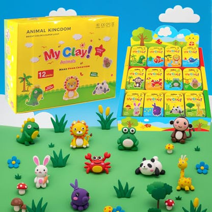 Air Dry Clay Kit, 12 Animals Kingdom Modeling Clay for Kids, DIY Model Magic Clay with Tools&Idea Cards, Soft&Non-Sticky, Safe&Non-Toxic Magic Clays, Creatible Art Crafts Toys Gifts for Boys Girls - color: 12 Packs Animal Kingdom Kit