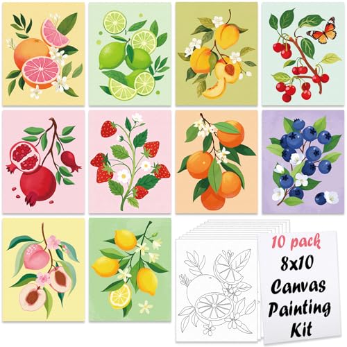 Nuberlic 10Pcs Pre Drawn Canvas to Paint for Kids Adults Grils Fruit Theme Lemon Summer Painting Kits Pre Stretched Canvas Outline Boards for Beginners Students Party Favor 8x10 Inch - size: 8x10, style: Fruitlandscape