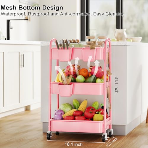 3 Tier Rolling Storage Cart Metal with Wheels, Pink Three Tiered Craft Cart Organizer on Wheels, Utility Carts for Baby Nursery, Diaper Caddy, Art, Book, Snack, Nail, Makeup, Bathroom Supplies, Mesh - color: Soft Pink