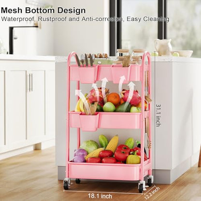 3 Tier Rolling Storage Cart Metal with Wheels, Pink Three Tiered Craft Cart Organizer on Wheels, Utility Carts for Baby Nursery, Diaper Caddy, Art, Book, Snack, Nail, Makeup, Bathroom Supplies, Mesh - color: Soft Pink