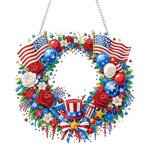 Eiflow Acrylic Diamond Art Hanging Kit for Adults 4th of July, DIY Diamonds Painting Door Hanging Board Kit, Special Crystal Diamond Art Painting Pendant Ornament (Patriotic Wreath) - color: Patriotic Wreath
