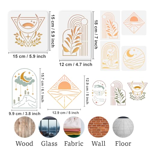 9Pcs Bohemian Stencils for Painting, Reusable Geometric Scenery Stencil Drawing Templates, Sun Moon Mountain Leaf DIY Craft Paint Templates for Wall Home Decor Wood Burning Canvas Journal