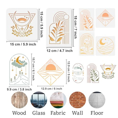 9Pcs Bohemian Stencils for Painting, Reusable Geometric Scenery Stencil Drawing Templates, Sun Moon Mountain Leaf DIY Craft Paint Templates for Wall Home Decor Wood Burning Canvas Journal
