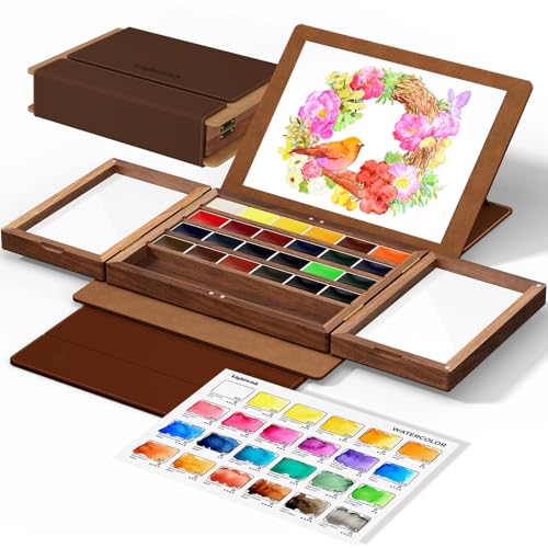 Watercolor Paint Set 24 Vibrant Colors with Walnut Wood Palette,Adjustable Angles Artificial Leather Sheath Portable Travel Watercolor Palette Set for Artist - color: Brown