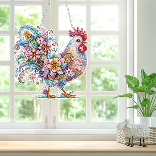 Bowetile Chicken Hanging Diamond Art Kits for Adults, 5D Special Shape Diamond Painting Rooster Kits, Crystal Diamond Gem Art Suncatchers Painting Pendant for Home Wall Decor - color: Rooster
