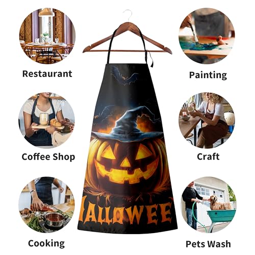 Halloween Aprons Jack-O-Lantern Apron with Pockets Adjustable Neck Strap Spooky Bat Pumpkin Holiday Kitchen Chef Apron for Cooking Barbecue Baking Sewing Crafting - color: Halloween Pumpkin-a