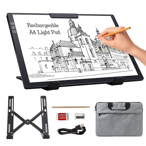 Rechargeable A4 Light Pad with Carry Bag & Stand,Ultra Thin Light Table with Clip,6 Levels of Brightness Light Box for tracing,Diamond Painting.led Light Board for Artists,Drawing,Sketching,Animation - style: A4 With Bag Rechargeable