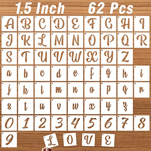 1.5 Inch Letter Stencils for Painting on Wood, 62 Pcs Calligraphy Alphabet and Number Stencil, Reusable Plastic Art Craft Cursive Lettering Templates Upper and Lowercase - size: 1.5 Inch