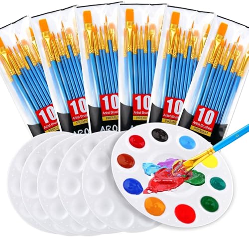 AROIC Paint Brush Palette Set, 6 Packs of 60 Brushes and 6 Tray Palettes | Nylon Brush Head, Suitable for Oil Watercolor, etc., Perfect Art Painting Set - size: 60 Brushes 6 Palettes