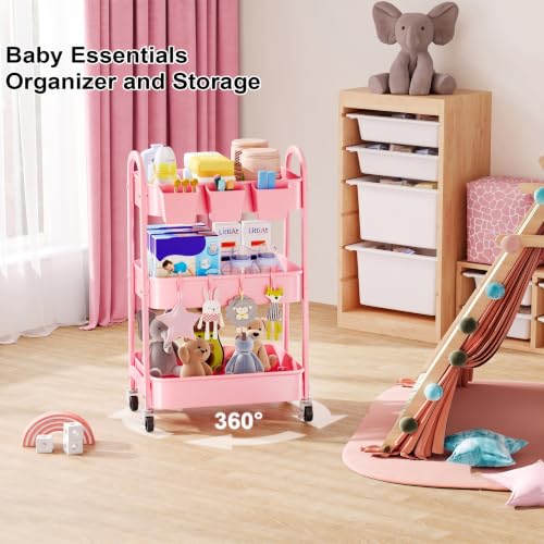 3 Tier Rolling Storage Cart Metal with Wheels, Pink Three Tiered Craft Cart Organizer on Wheels, Utility Carts for Baby Nursery, Diaper Caddy, Art, Book, Snack, Nail, Makeup, Bathroom Supplies, Mesh - color: Soft Pink