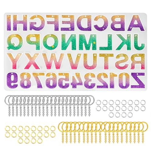 Reversed Resin Casting Alphabet Mold, Sturdy Letter & Number Silicone Mold for Epoxy Crafts, Resin Keychains, Crayons, Soap, Clay Crafts, 40 Keychain Rings (20 Gold & 20 Silver) Included - color: Classic Alphabet